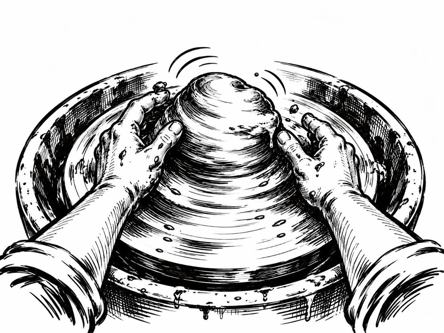 Ink drawing of hands shaping clay on a spinning wheel